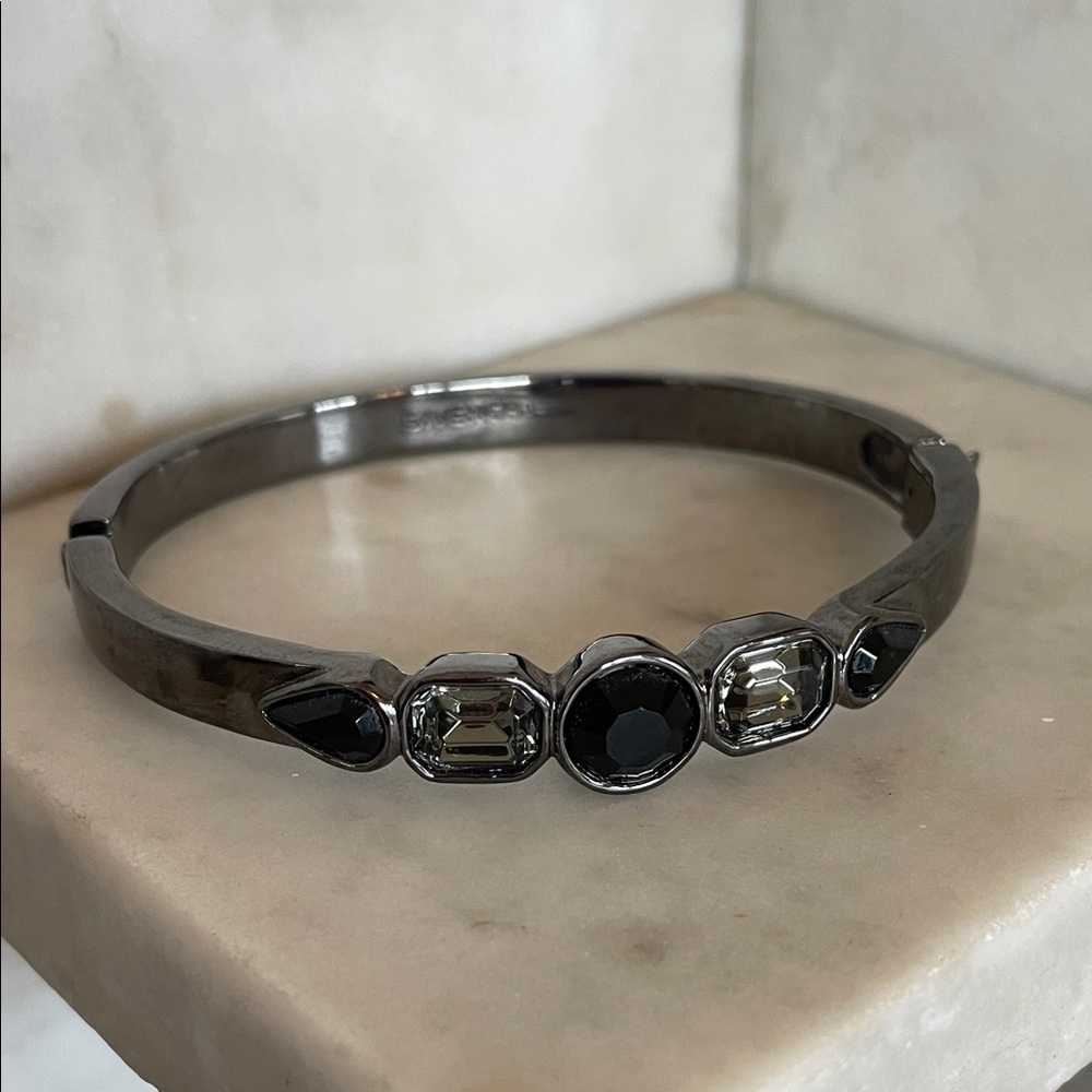 GIVENCHY Black and Silver Stone Gunmetal Silver Hinged Bangle Bracelet